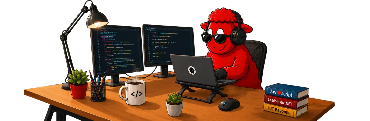 Le studio Redmoot illustré : double écran de code, mascotte mouton au laptop et accessoires de bureau