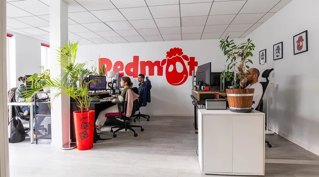 L'open space de l'agence web Redmoot au Pays basque, logo peint au mur